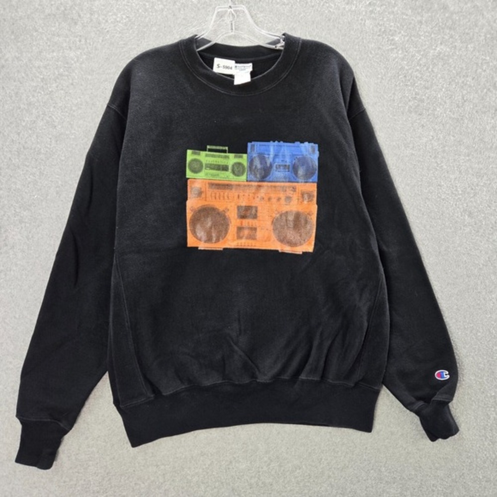 Champion Men Sweatshirt Large Black Boombox Unsolved Tupac BIG Reverse Weave